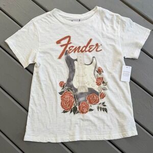 Lucky Brand Fender Graphic Tee Roses Guitar Rock Concert Boyfriend Fit Small NWT